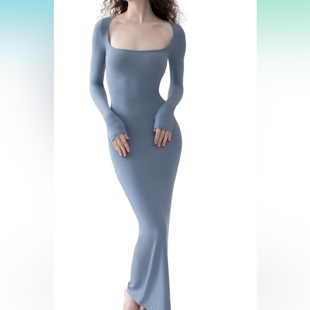 Pumiey Women’s Square Neck Long Sleeve Maxi Dress Ribbed Bodycon - M NEVER WORN
